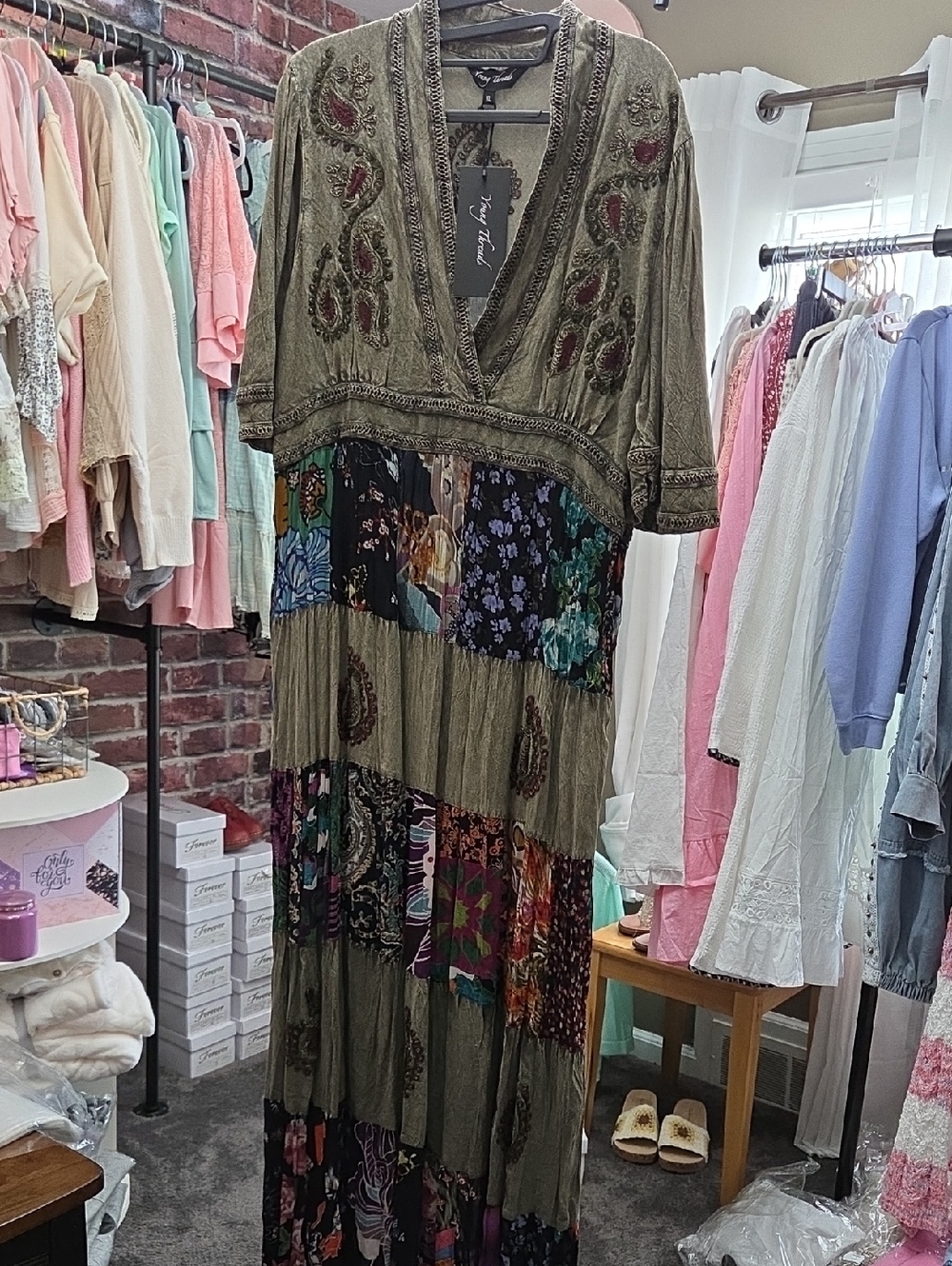 Embroidered Olive Boho Maxi Dress with Floral Patchwork